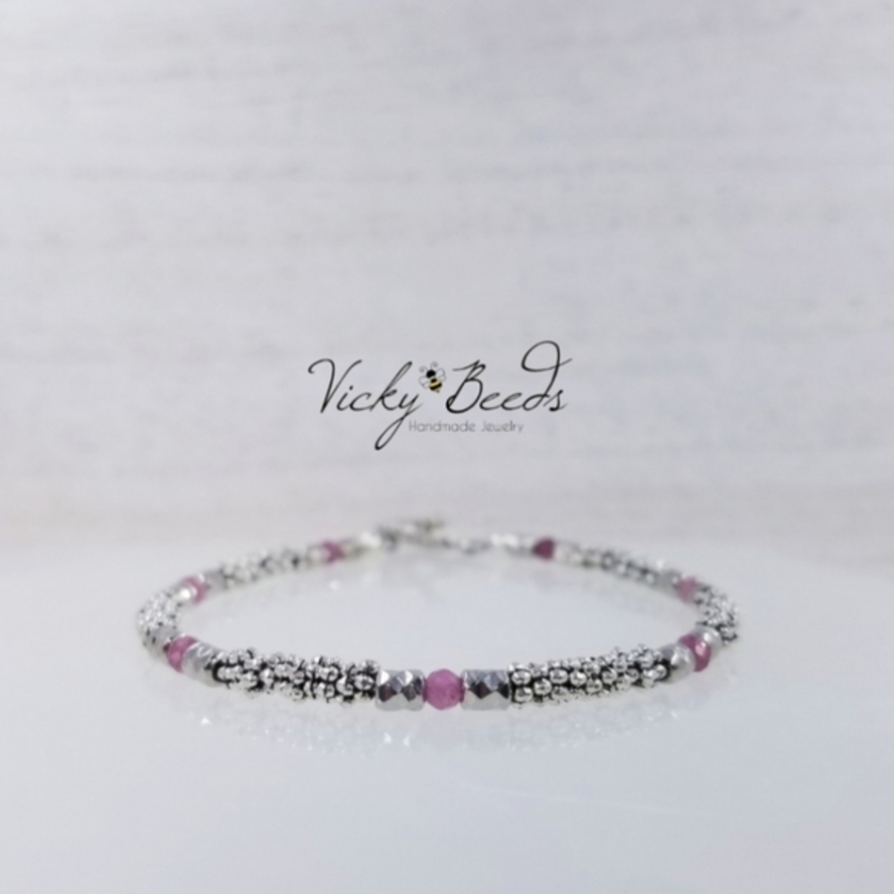 Pink Tourmaline & Silver Beaded Toggle Bracelet